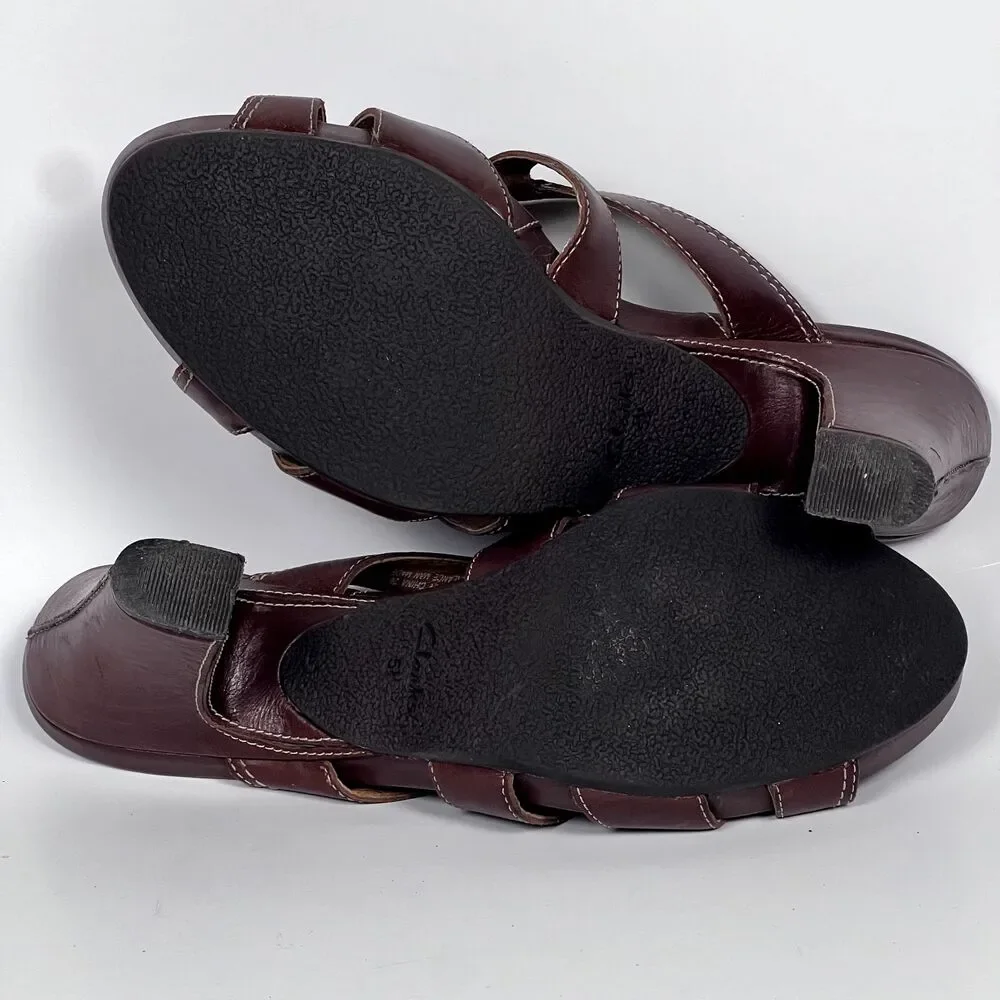 Clarks Sz 7M Artisan Tiga Leather Strappy Brown Heels Sandals Open Toe - Picture 7 of 9
